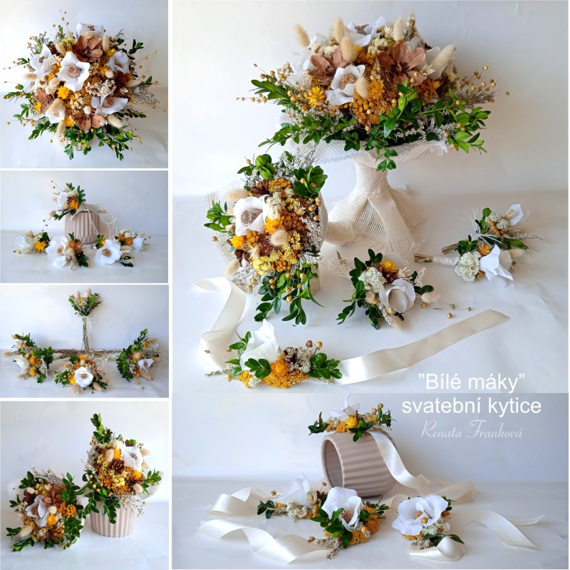Svatební květinová sada Bílé máky + buxus